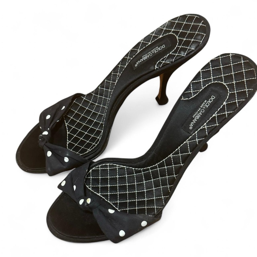 Dolce & Gabbana Navy Polka Dot Bow Mule Heels